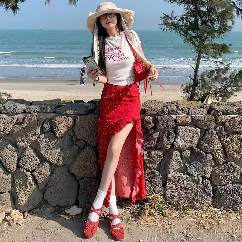 Red Vacation Style Skirt for Women In Summer Thin New Floral Hip Skirt High Slit Long Skirt XL