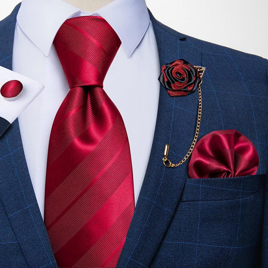 Mens Necktie with Flower Chain Brooch Pin Business Party Silk Tie Hanky Cufflink Set Dibangu 7221