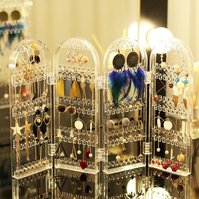 Plastic Clear Earrings Studs Display Rack Folding Screen Earring Jewelry Display Stand Holder Storage Box B clear