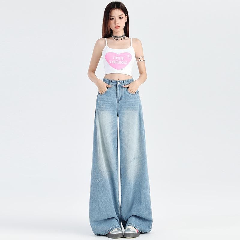 Light Blue Ripped Denim Wide-leg Pants for Women Loose High Waist Slim Denim Straight-leg Pants Floor-length Pants XL