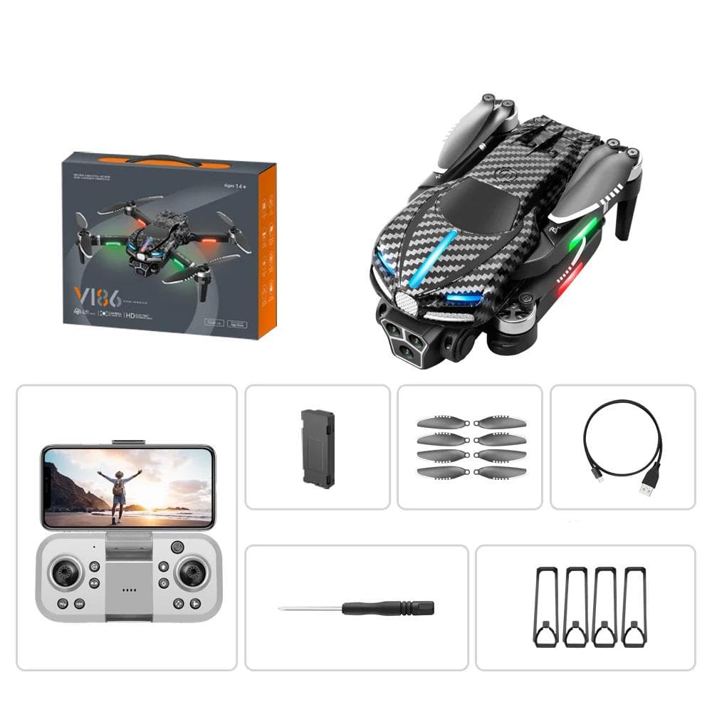 New V186 Mini Drone ESC HD Dual Camera Brushless Optical Flow Obstacle Avoidance Luminous Quadcopter WIFI FPV Helicopter Toy Gift 1 battery grey