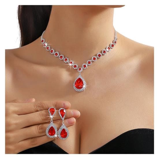 2Pcs/Set Women Wedding Jewelry Set Waterdrop Shape Shining Faux Crystal Choker Necklace Dangle Earrings Set red