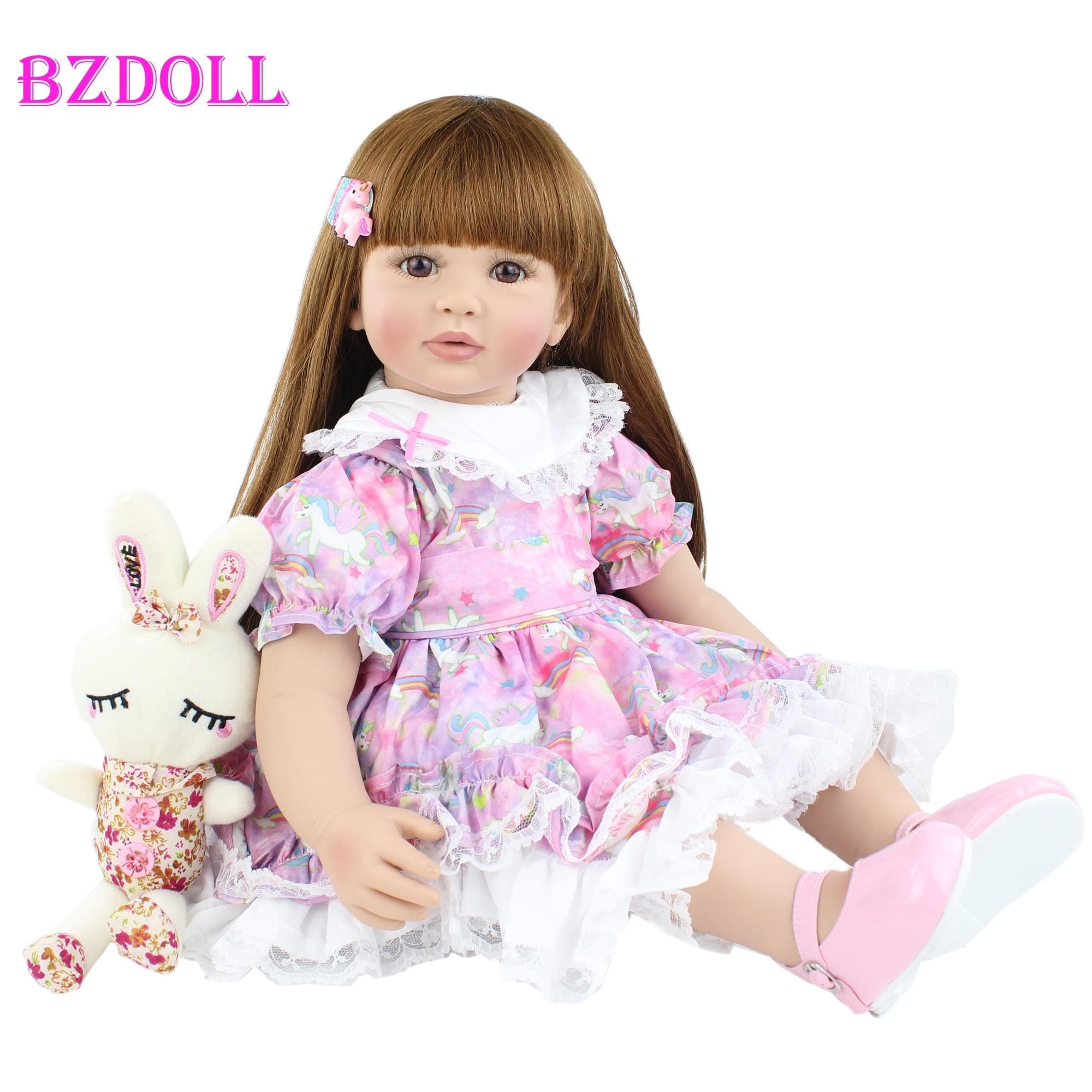 BZDOLL 60cm Soft Silicone Reborn Doll Toys For Girl Long Hair Princess Toddler Bebies Dress Up Doll Kid Fashion Birthday Gift 60cm Doll, Brown eyes