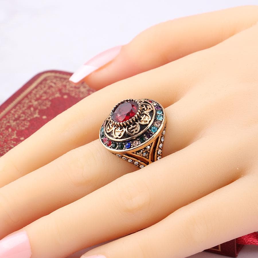 Blucome Royal Style Colorful Crystal Turkish Wide Ring Turkey Flower Round Resin Party Jewelry Vintage Women Lady Finger Ring 8 red
