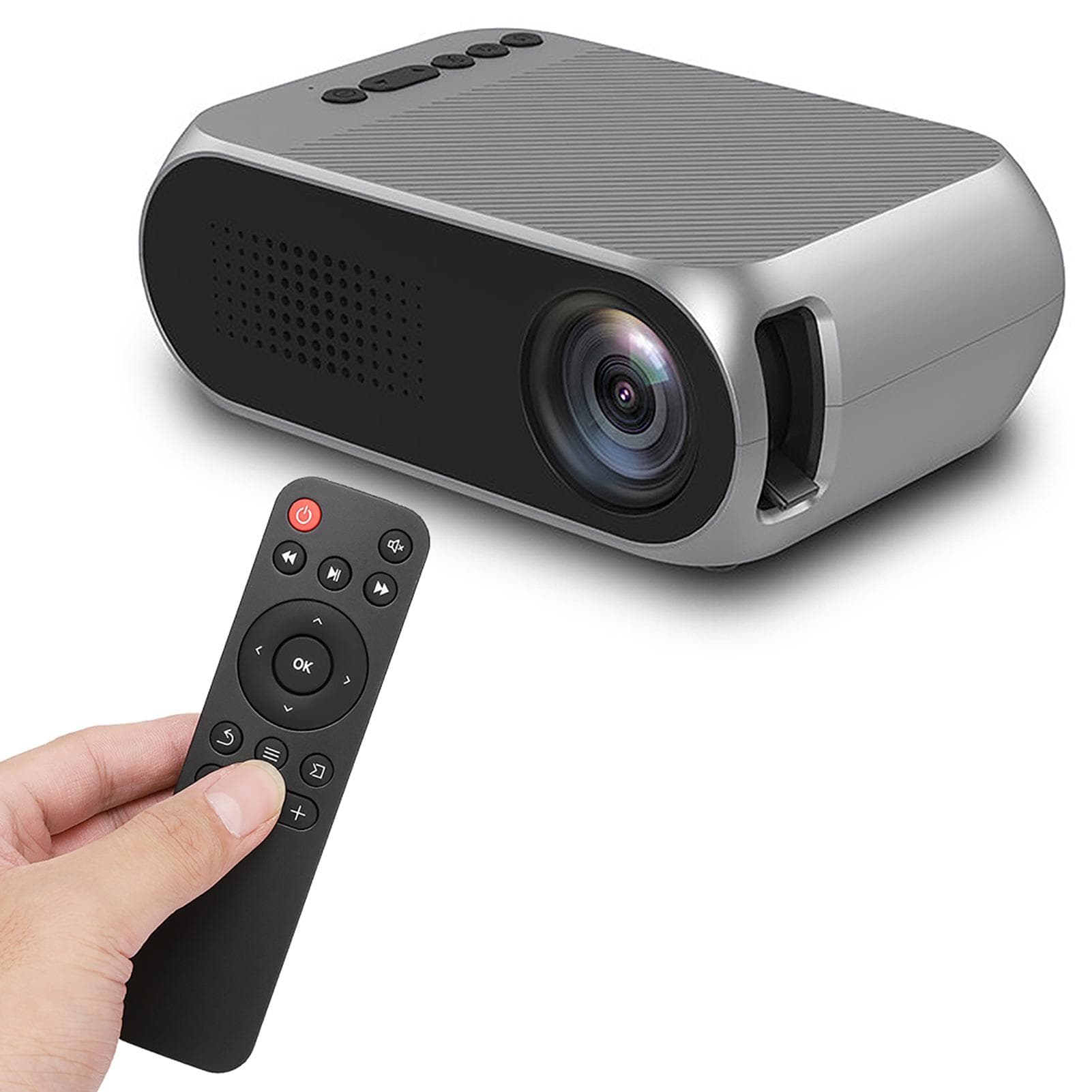 YG320 Battery Version Mini LCD Projector HD 1080P Silver Grey with Remote Control UK Plug