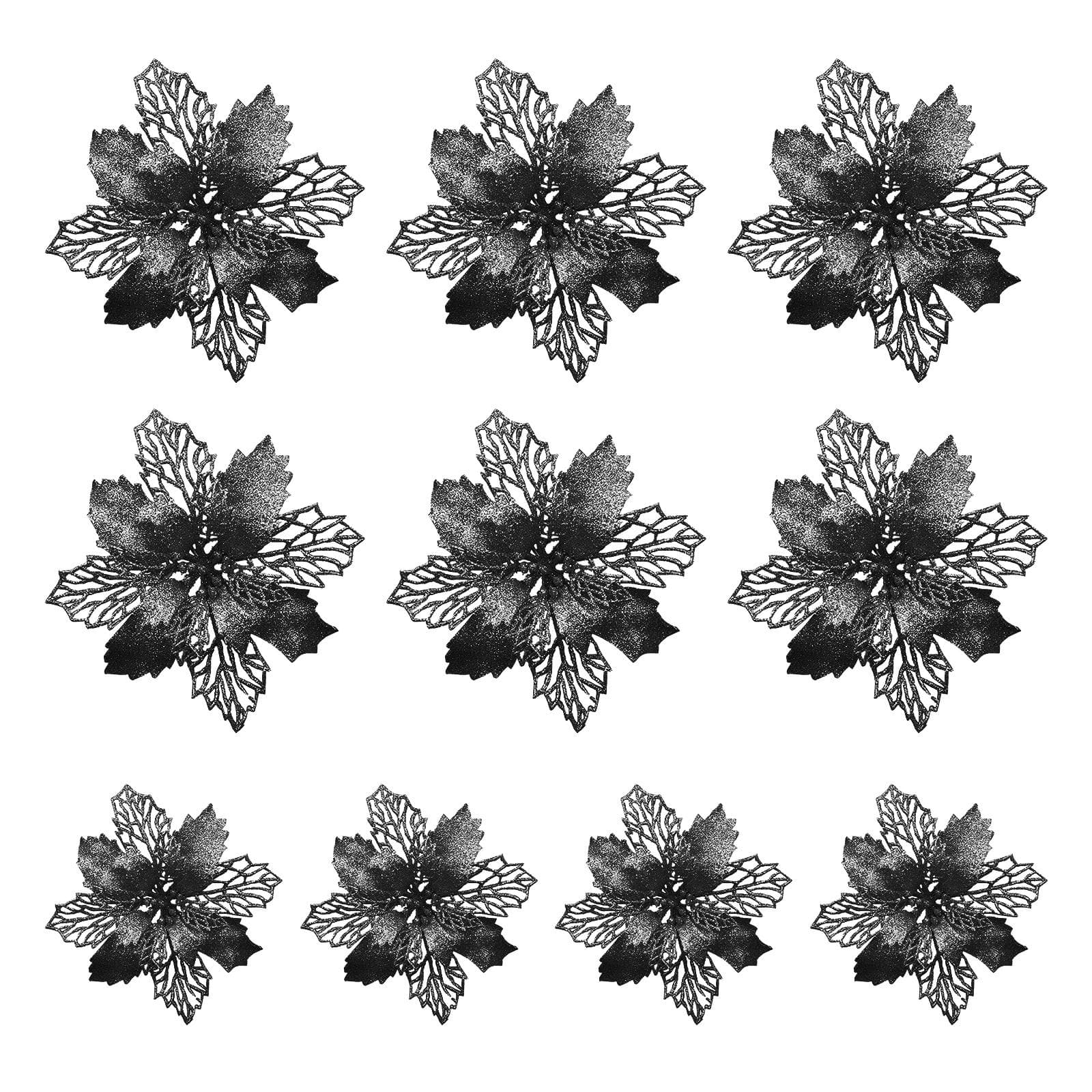10Pcs Glitter Poinsettia 9cm Artificial Flowers Christmas for Wedding Party Wreath Decoration Black