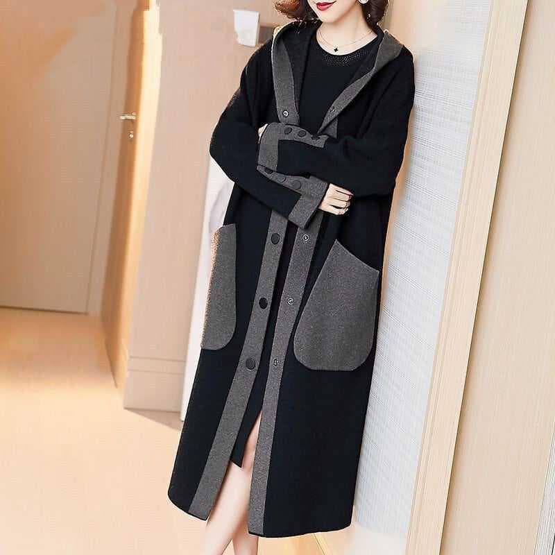 Woolen Coat Women's Long Autumn and Winter New Temperament Large Size Loose Hooded Thickened Woolen Coat 2XL black