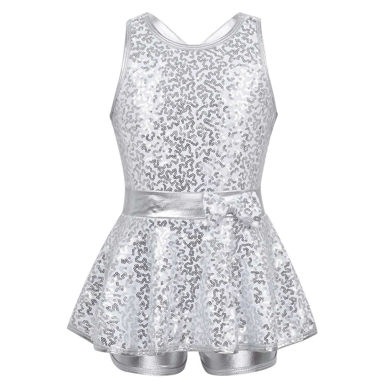 Kids Girls Jazz Modern Tap Dancewear Sleeveless Sequined Criss Cross Back Waist Bowknot Ballet Dance Leotard Dress 7-8 Years white