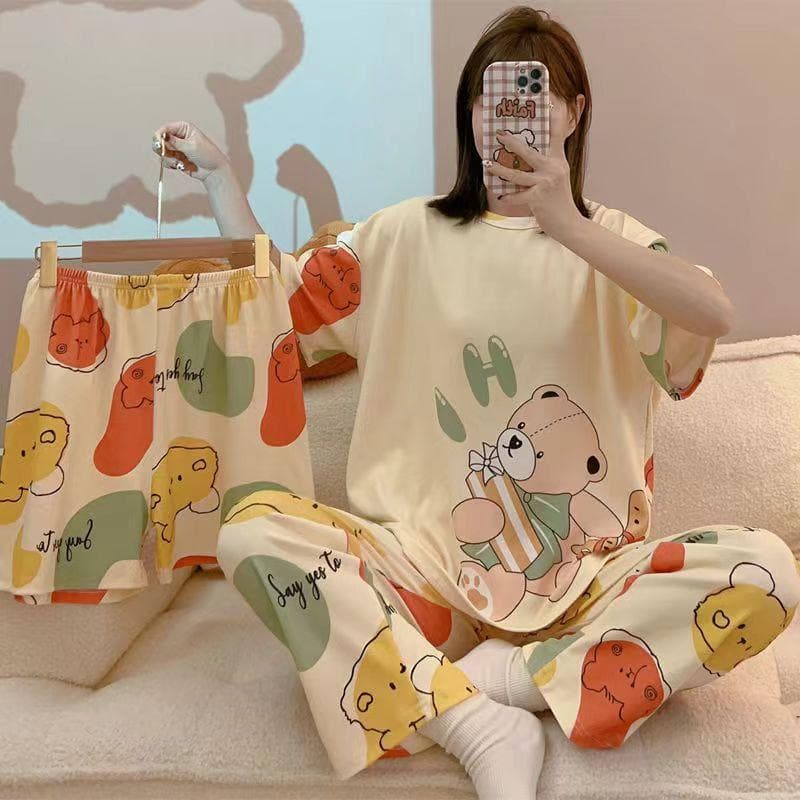 Three Piece Bear & Cow Patterned Casual Women Pajamas Young Girls Floral Colorful Sleepwear Round Neck Loungewear Cute Homewear One size