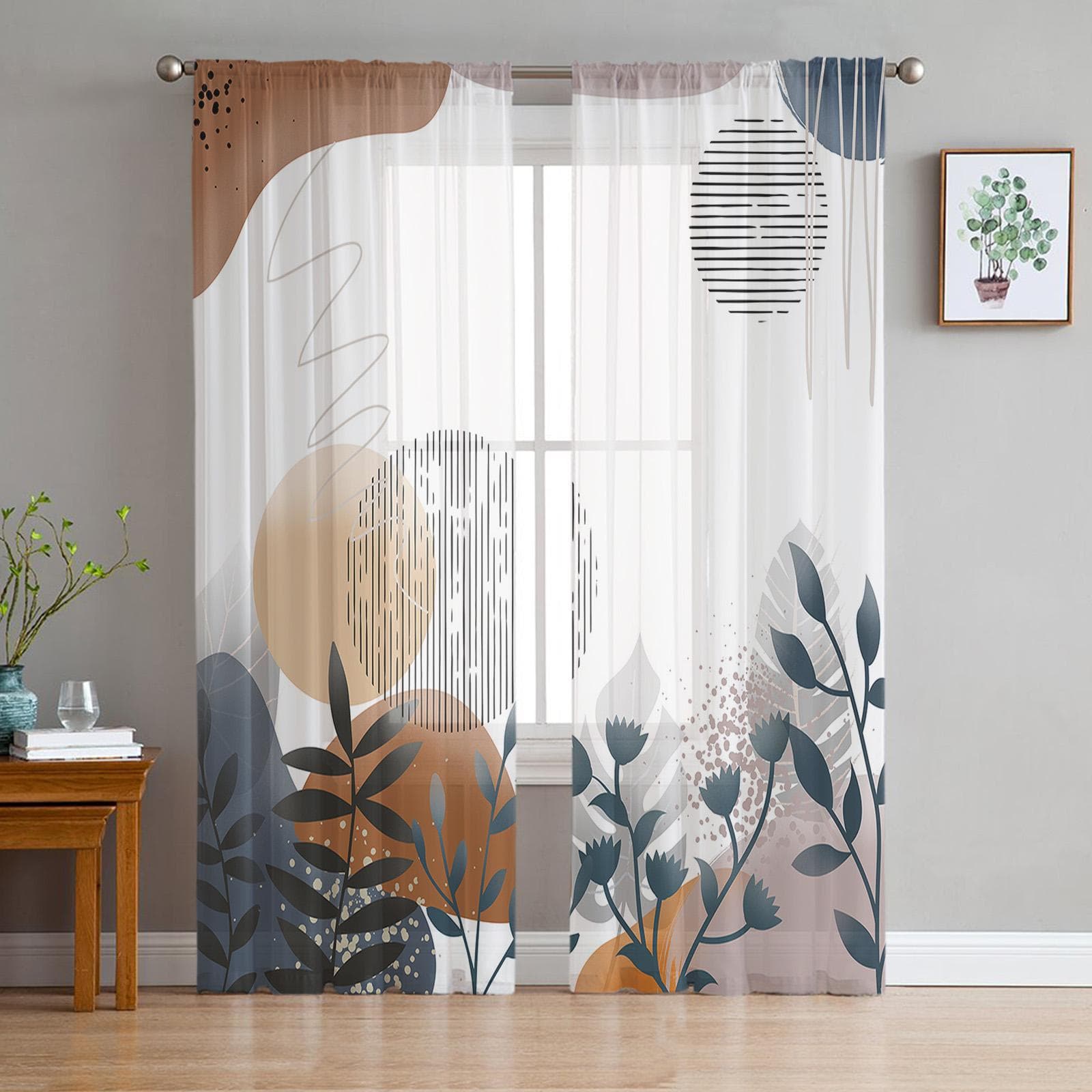 Bohemian Abstract Wind Leaf Plant Sheer Window Curtain Tulle Curtains for Livingroom Bedroom Hotel Home Decor Voile Drapes 135W x 114H(cm)