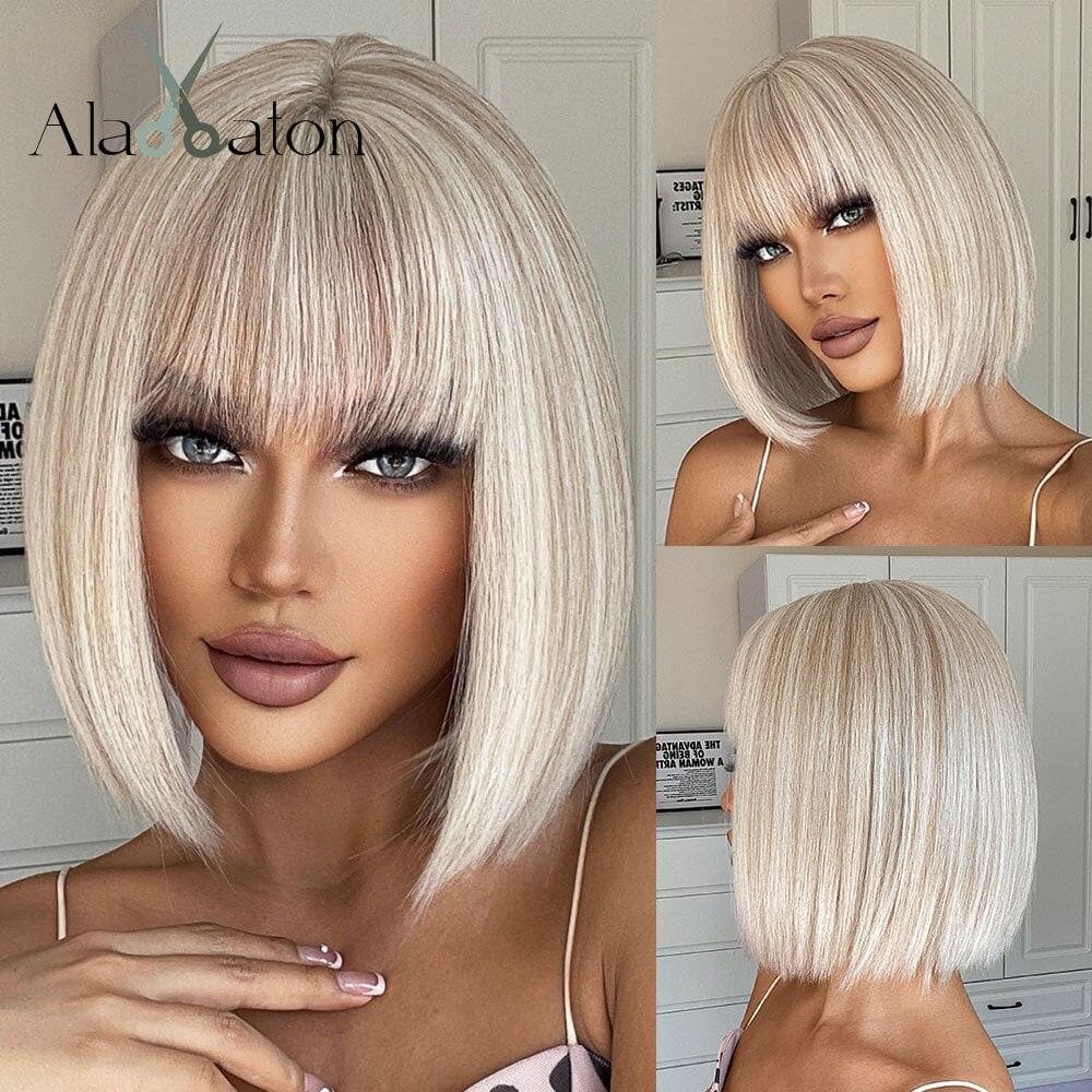 ALAN EATON Short Ombre Blonde Wigs Straight Bob Blonde Wigs With Bangs Women Daily Synthetic Wigs Natural High Temperature Hair
