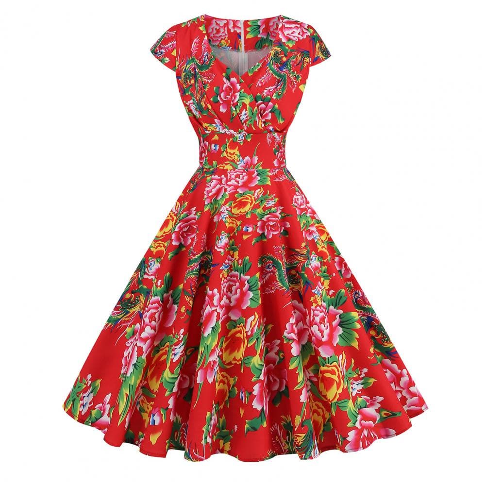 Women Dress Chinese Style Floral Print V Neck Short Sleeve Ethnic A-line Big Swing Tight High Waist Colorful Back Hidden Zipper S red