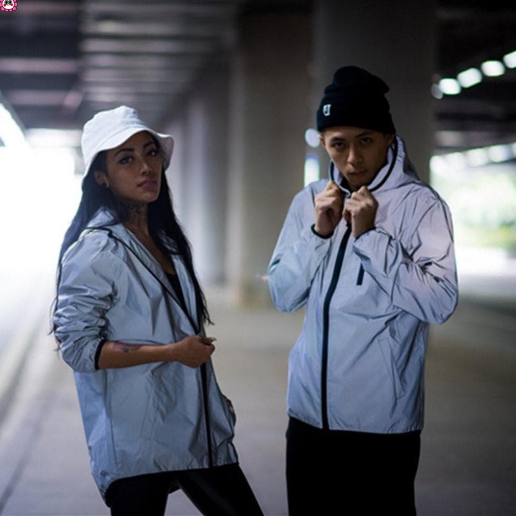 Reflective Jacket Men Women Harajuku Windbreaker Jackets Hooded Streetwear Coat XXL gray