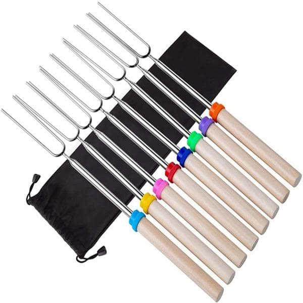 8pcs Marshmallow Roasting Sticks with Wooden Handle Extendable Barbecue Forks Skewers for Camping Picnic Backyard Party 8pcs per set&bag