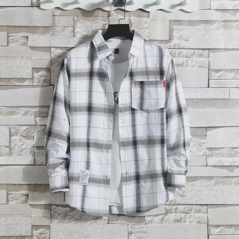 Plaid Men's Long-Sleeve Shirt - Trendy Korean Hong Kong Style L