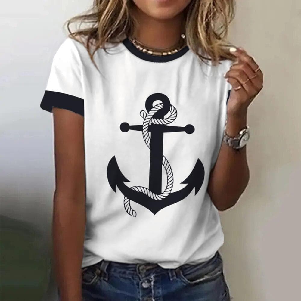 Summer Women T Shirt 3d Print Boat Anchor Print Fashion O Neck Short Sleeve Tees Tops Pullover Women's Casual Loose T-Shirt Y2k Clothing 3XL