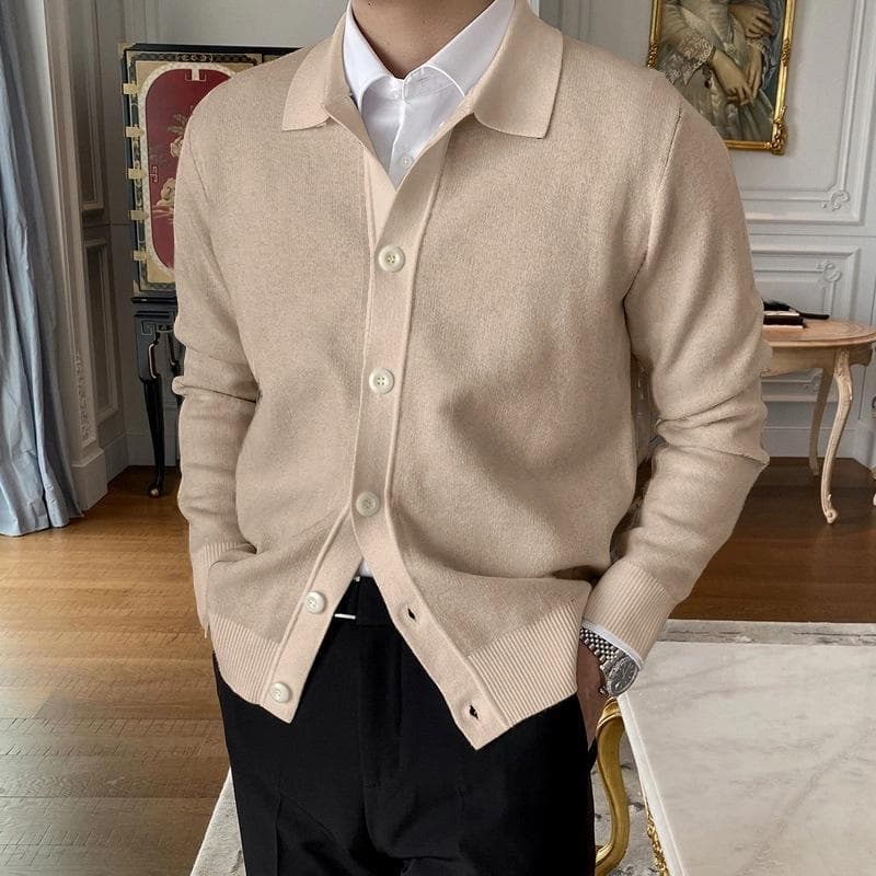 2024 Spring Autumn New Cotton Knitted Cardigan Slim Long Sleeve Button Korean Men's Fashion Lapel Sweater Simple Casual Coat XL khaki