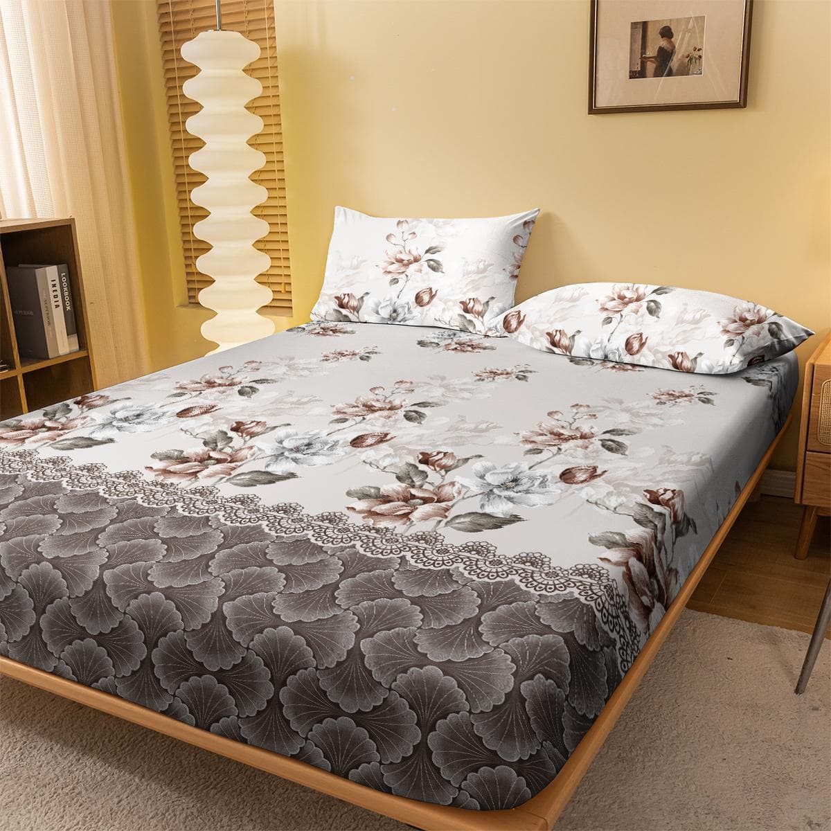 1 Simple Modern Plant Flower Printed Matte Fitted Sheet, Bedroom Printed Bed Cover, Bedding (Excluding Pillowcases) 100x200cm
