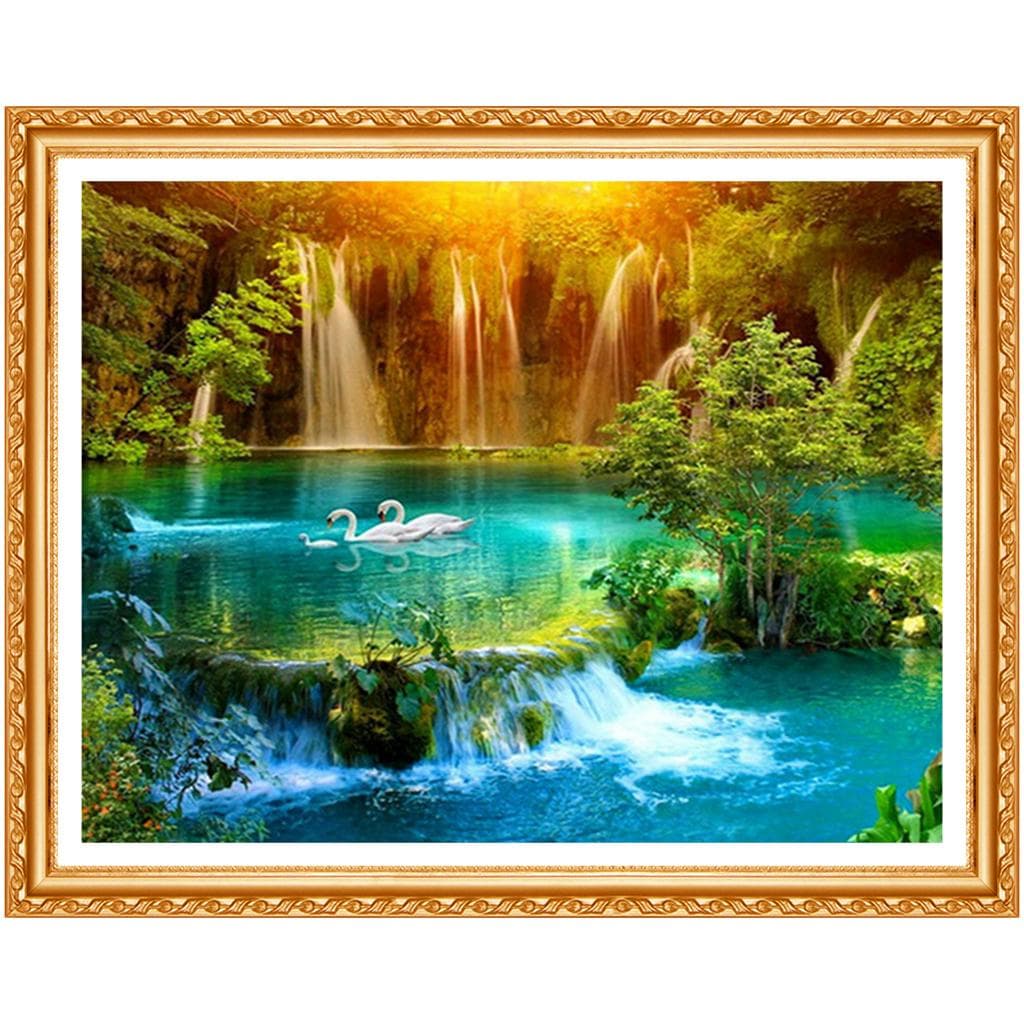 Diy Diamond Painting Waterfall Swan Needlework Handmade 5D Round  Embroidery Full Diamond Landscape 20X30CM