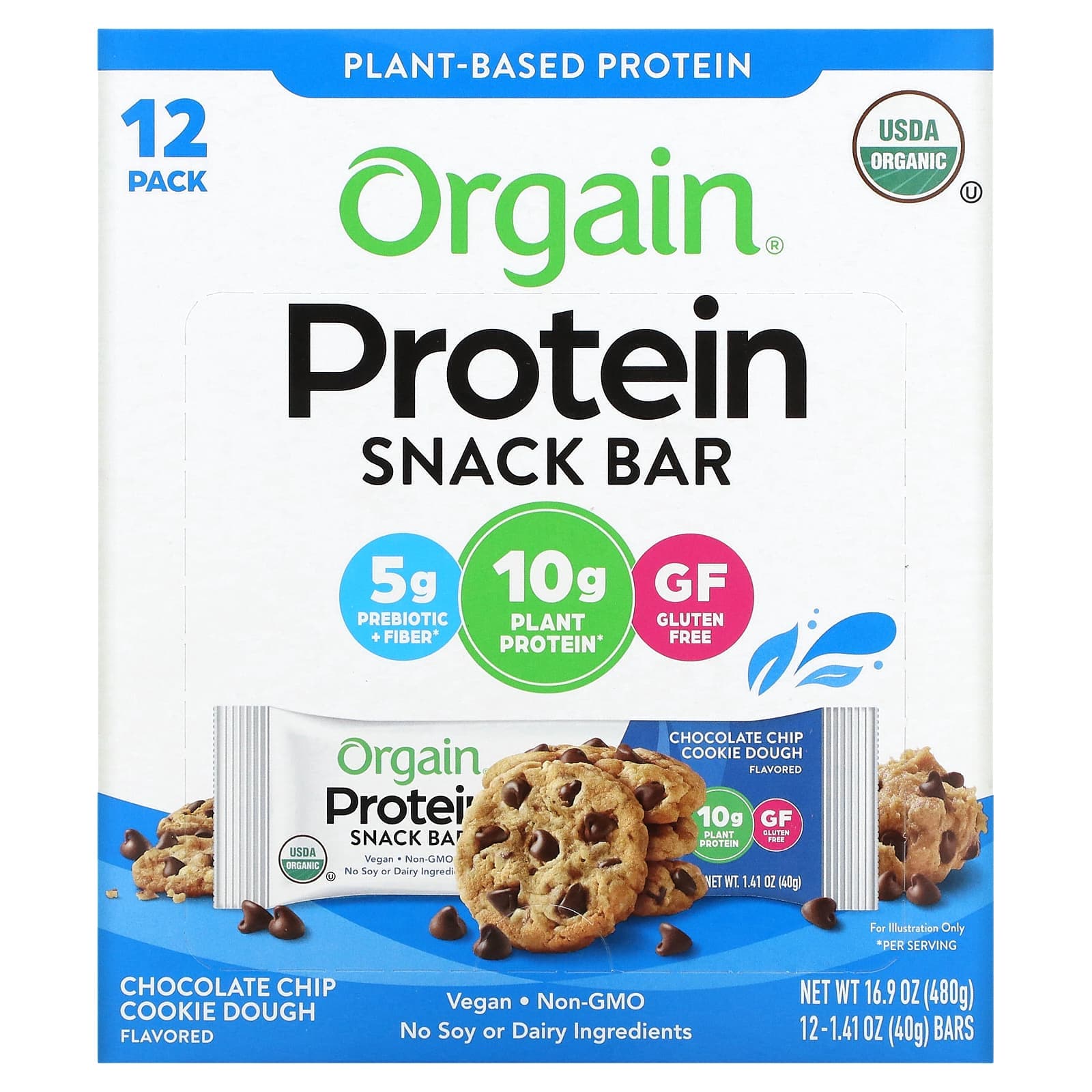 Orgain, Organic Plant-Based Protein Bars, Chocolate Chip Cookie Dough, 12 Bars, 1.41 oz (40 g) Each