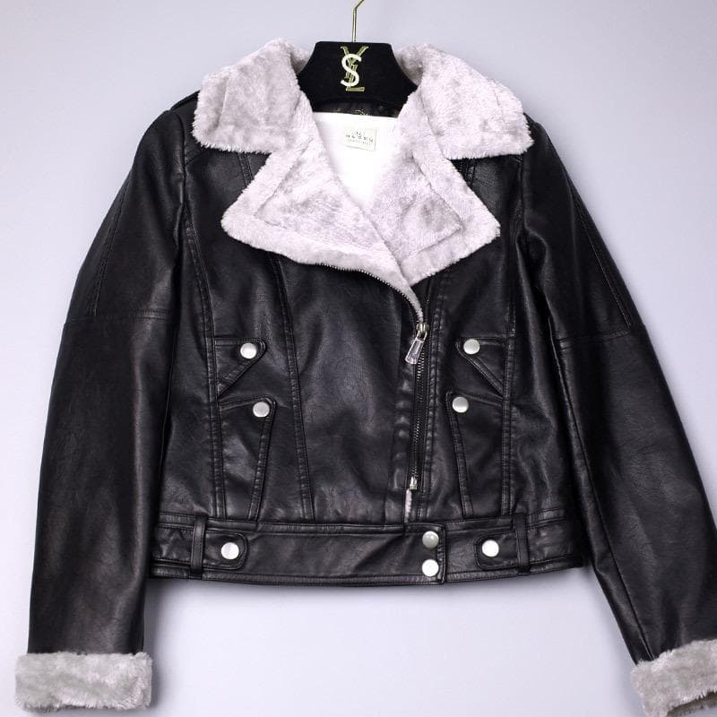 Pu Leather Jacket for Women Winter Short Motorcycle Jacket Large Lapel Long Sleeve Velvet Thickened Leather Jacket Leather Jacket for Women 4XL