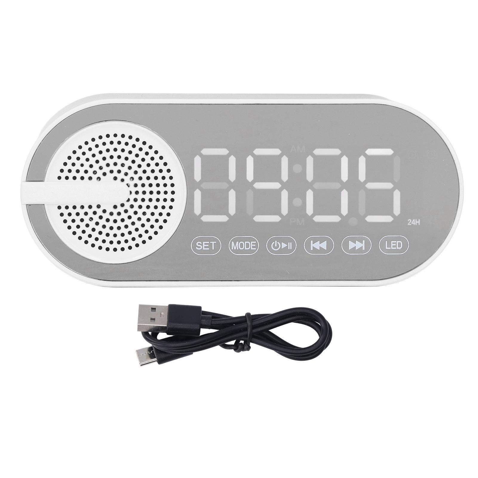 Bluetooth 5.0 Speaker Mirror Clock Heavy Bass FM Radio Rechargeable Digital Alarm Clock with white