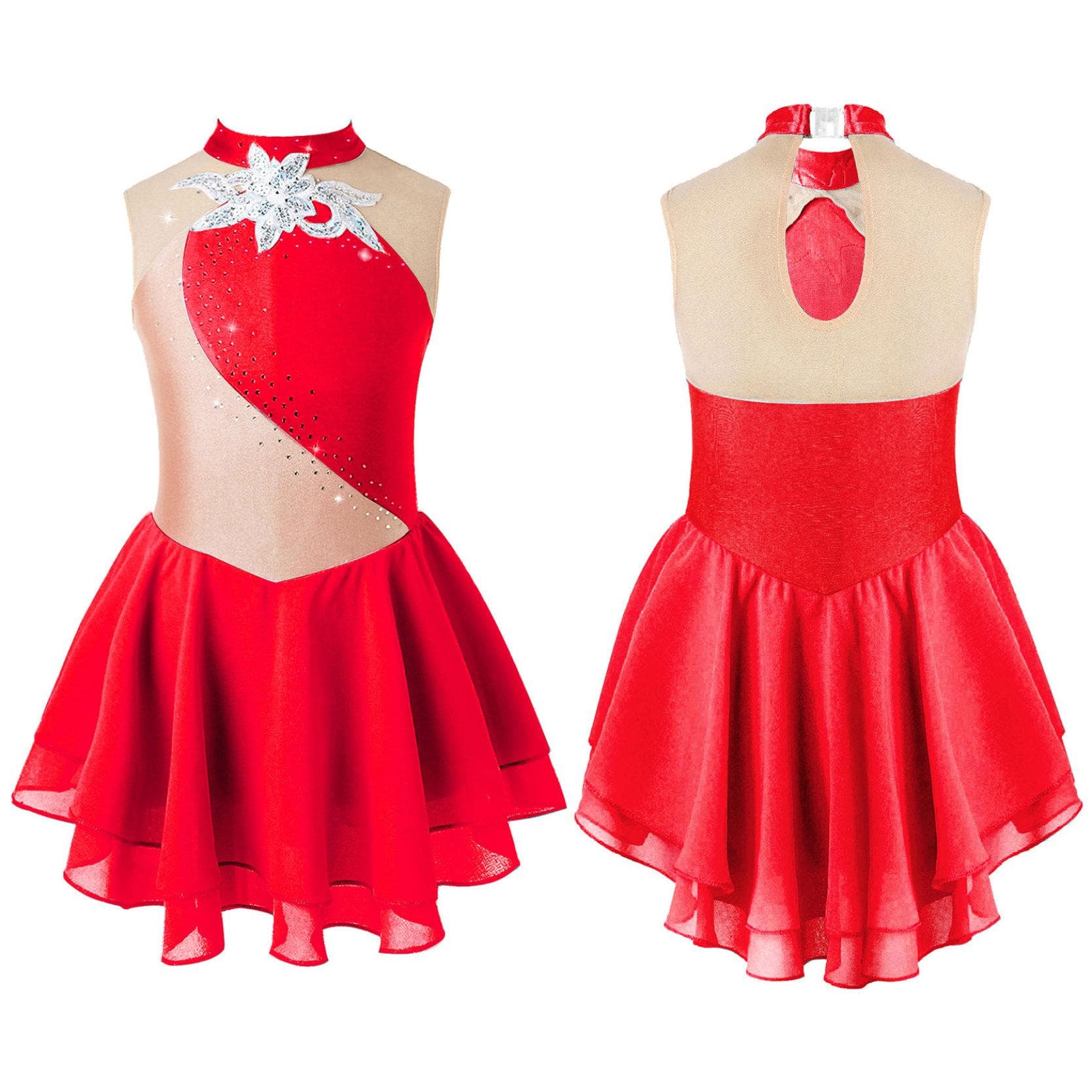 Gymnastics Leotards for Girls Sleeveless Rhinestone Ice Skating Dress Floral Dance Dresses 13-14 Years red