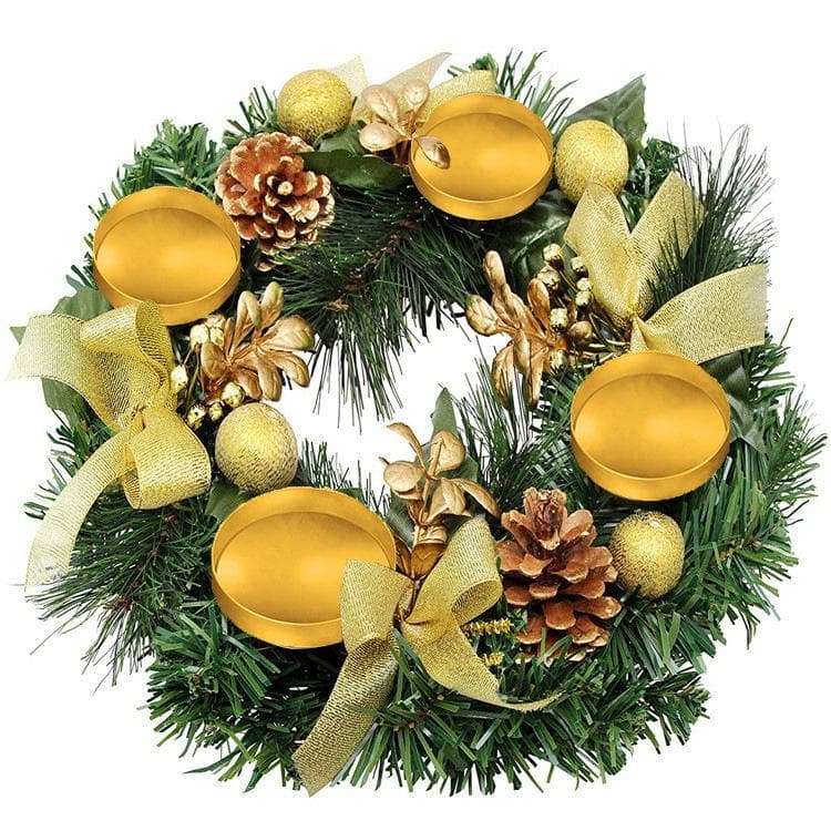 Christmas Advent Wreath 12-inch Advent Candle Holder Ring Artificial Christmas Wreath with Ribbon Gold Basin Cup