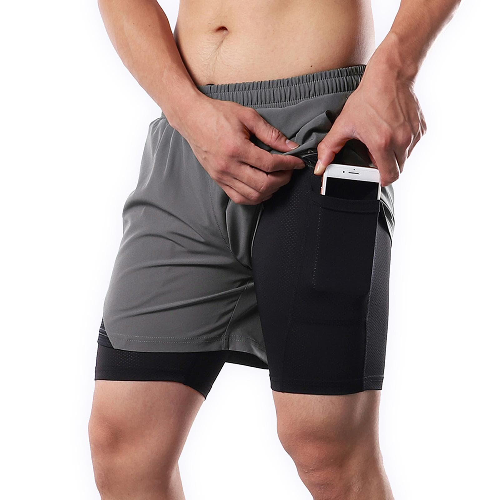 2-In-1 Men Running Shorts with Towel Loop Pockets Quick Dry Exercise Shorts for Training Gym Workout M light grey