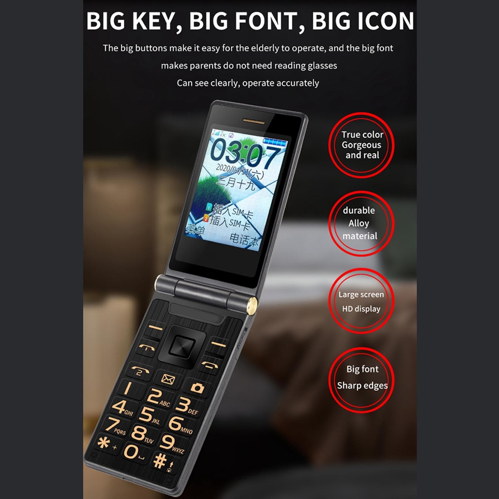 G10 C Flip Phone Gold Dual Screen Big Button Large Volume with Protective Case Elderly Flip Phone EU Plug