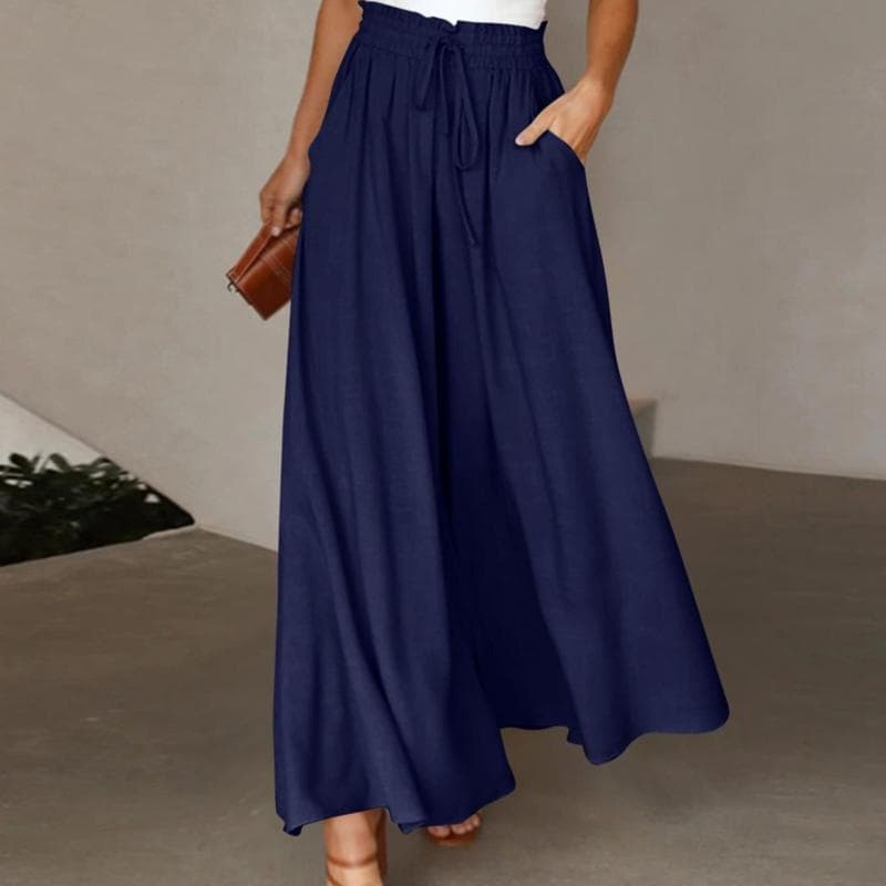 Women's Summer Elastic Waist High Waist Wide Leg Long Skirt Pants M navy blue