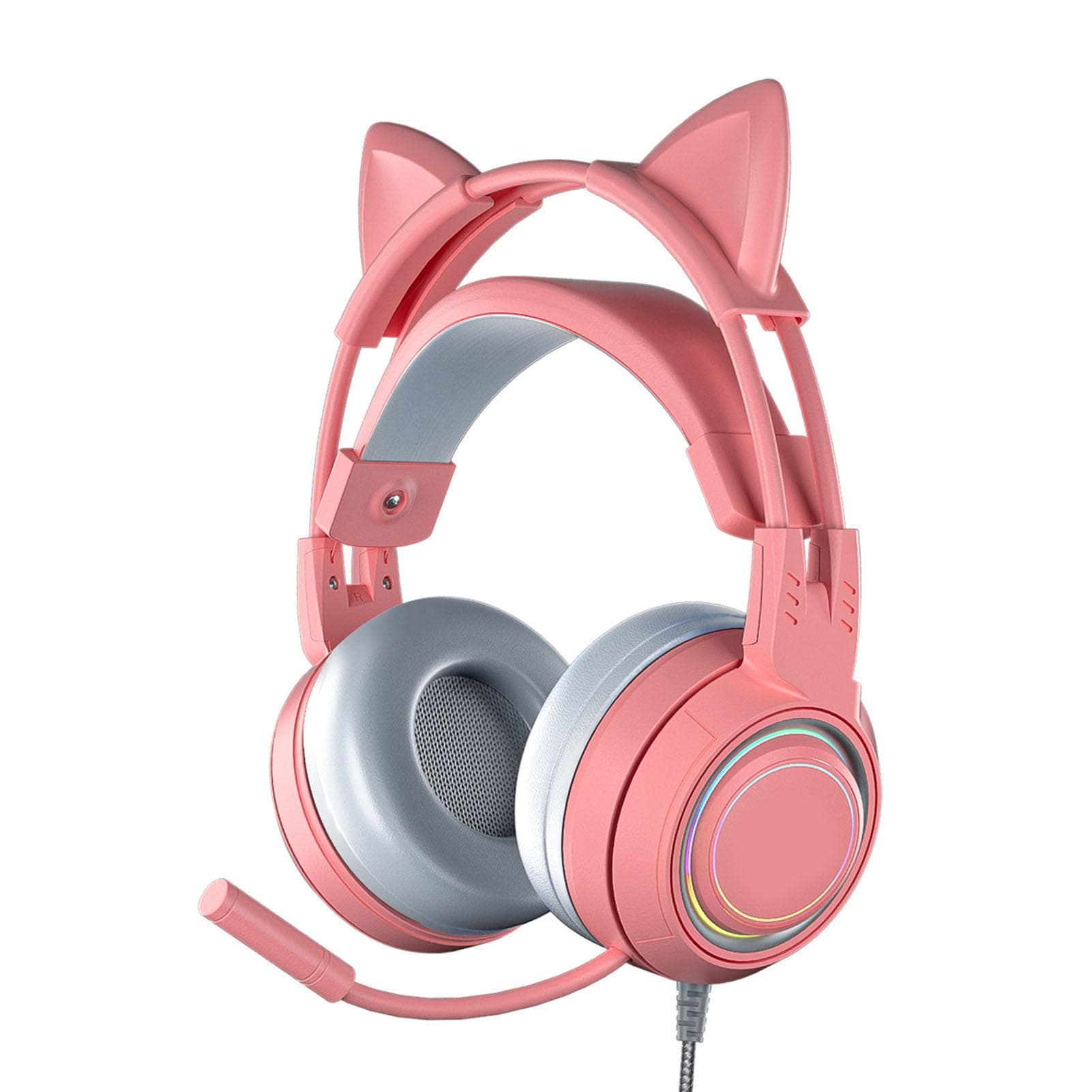 Cat Ear Headphones with Noise Reduction Mic for Girls All Wrapped Earcups Wired Over Ear Gaming pink