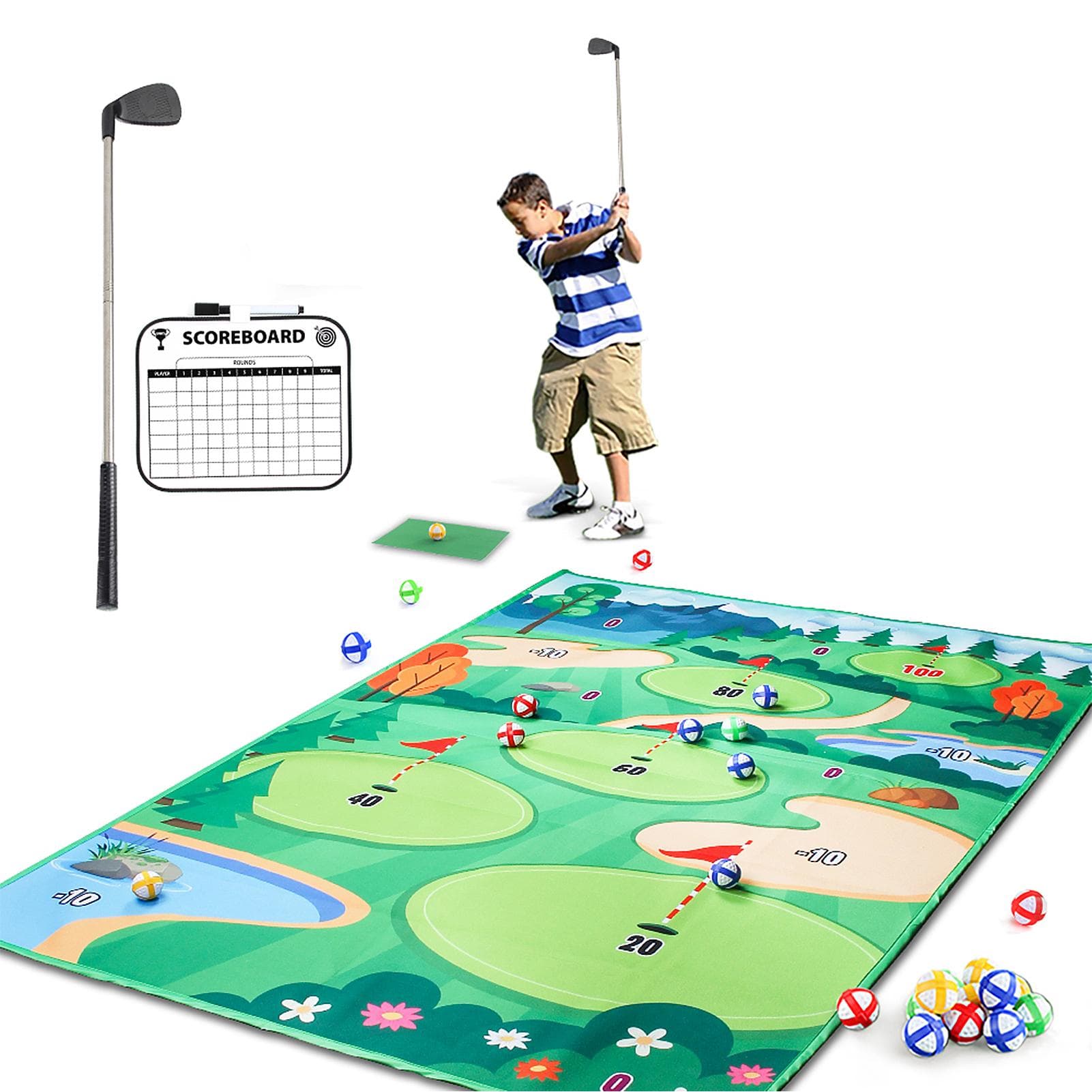 Kids Golf Set with Thickened 3MM Golf Game Mat Erasable Scoreboard Club Sticky Balls Outdoor Indoor