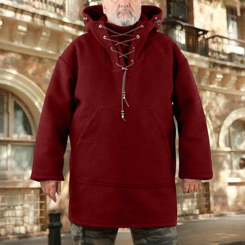 Men Fashion Warm Wool Hoodie Pullover Viking Lace Up Thicken Anorak Medieval Coats Cosplay Costume 5XL red
