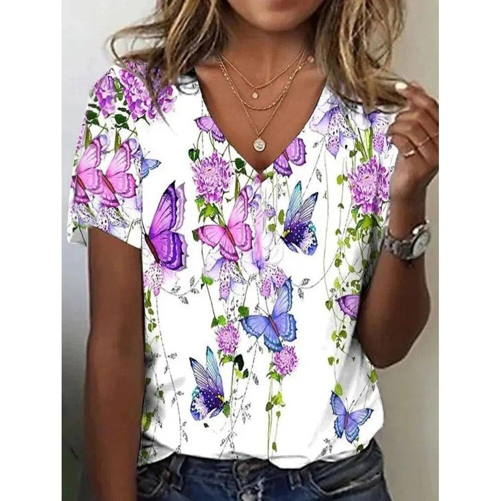 Fashion Women'S T-Shirt 3d Flowers Print Clothing V-Neck Short Sleeve Tops Summer Harajuku Ladies Pullover Oversized Female Tees 3XL