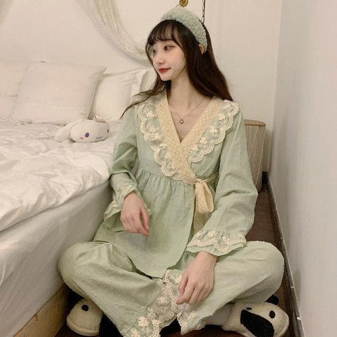Japanese Kimono Pajamas Women's Spring Autumn Loungewear Suit Lace V-neck Sweet Princess Outerwear Home Clothing 2-piece Set 2XL green