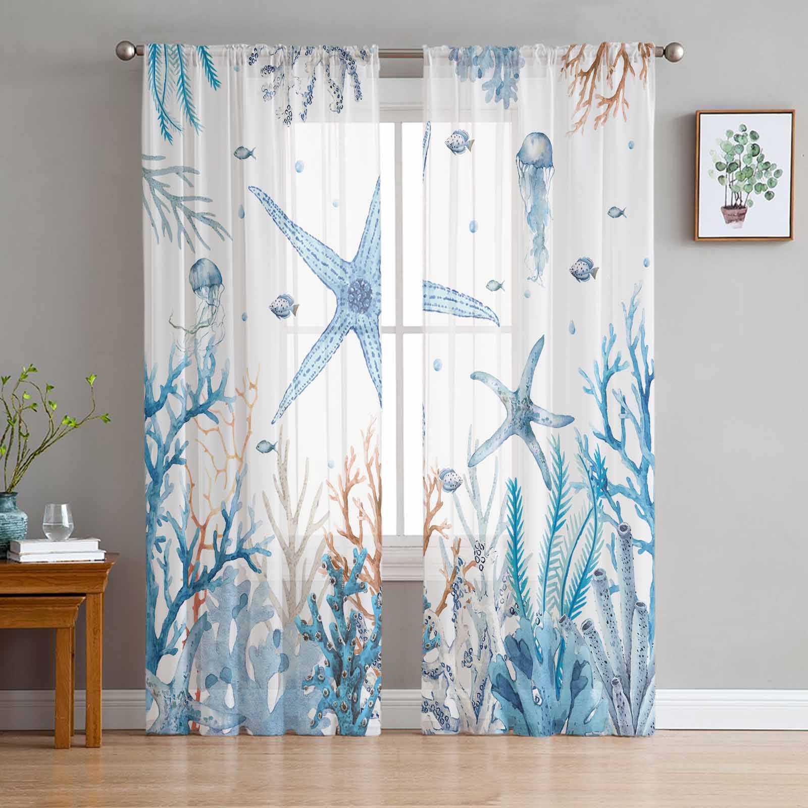 Summer Marine Life Starfish Tulle Window Curtains for Bedroom Luxury Home Decor Drapes in Living Room Chiffon Panels 135W x 114H(cm)