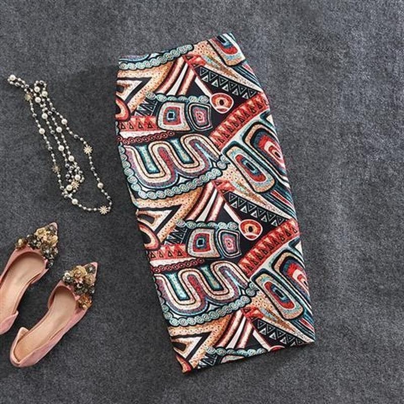 Summer Cartoon Print Elegant Pencil Skirt Women Bodycon High Waist Knee Length Skirt Female XL multicolour