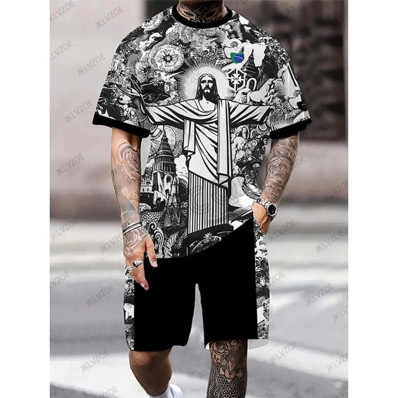 Summer Brazil Jesus Special Edition Football Jersey T-shirt+Shorts Set Sports Training Uniform Casual Kids/Adult Outfit XXL