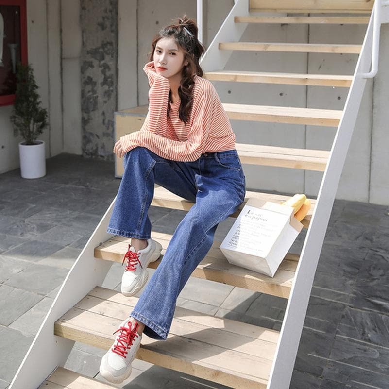 Korean Student Jeans for Women, New Spring and Autumn Style Loose High Waist Slimming Wide-leg Hyuna Straight-leg Mopping Pants XL