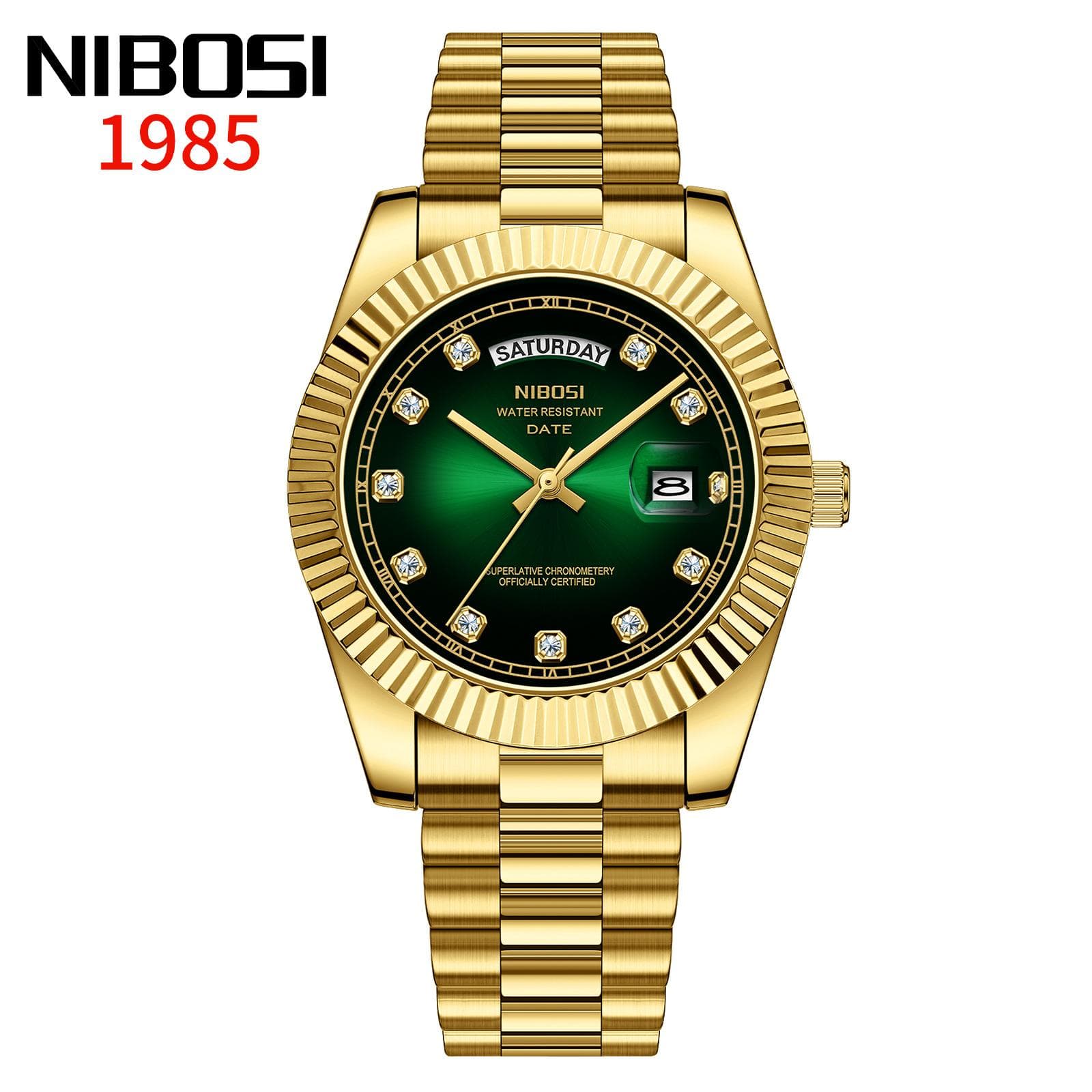 Mens Watches Analog Quartz Watch with Date Waterproof Stainless Steel Men's Wrist Watches Classic Watches gold/green