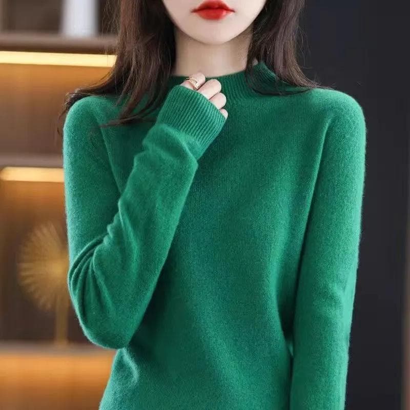 Long Sleeve Sweater Women's Half Turtleneck Loose T-Shirt Versatile Knitted Bottoming Shirt Women's Top XXL dark green
