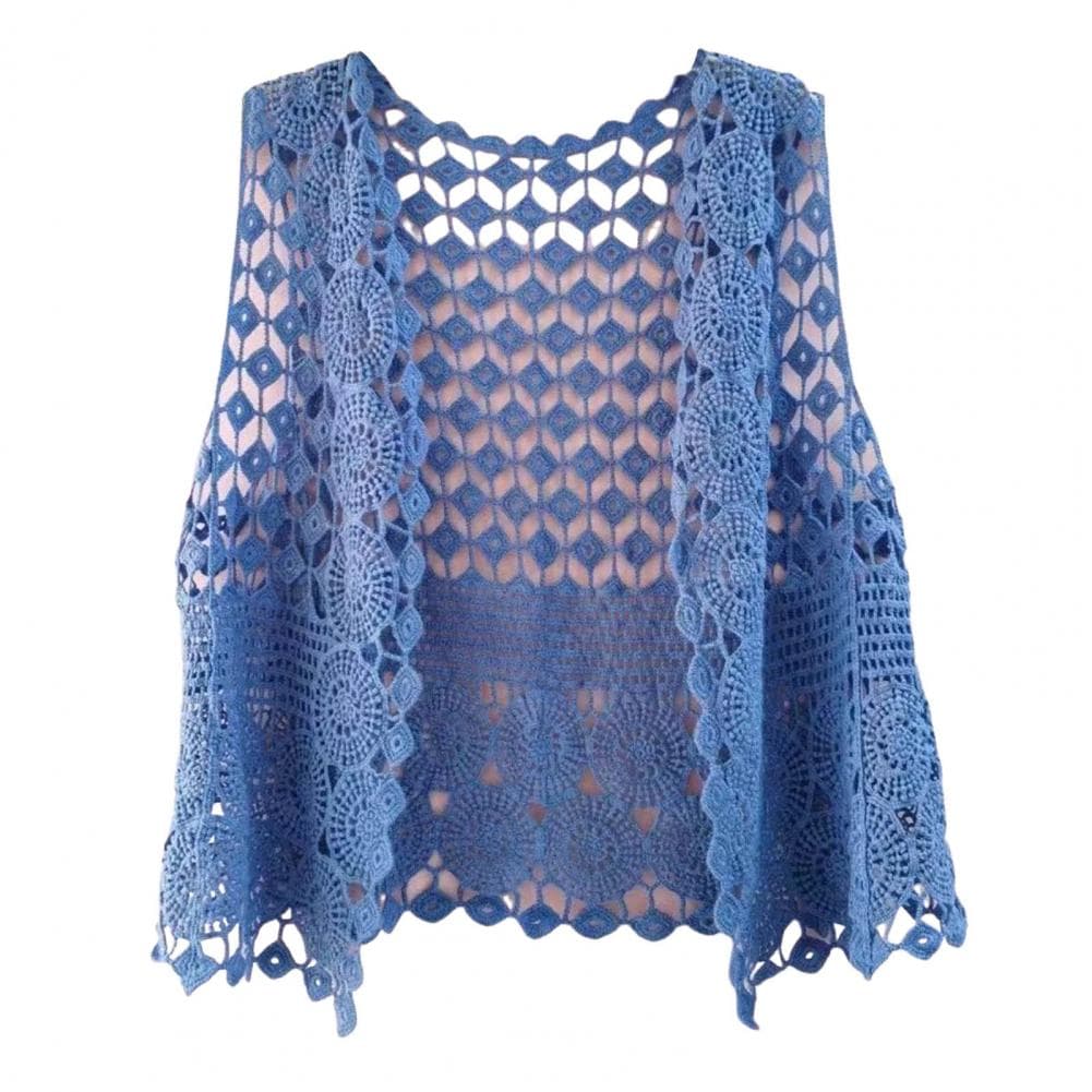 Women Vest Stylish Women's Crochet Sleeveless Cardigan Lightweight Open Stitch Summer Vest Retro Knitted Outwear Coat for Daily One Size blue