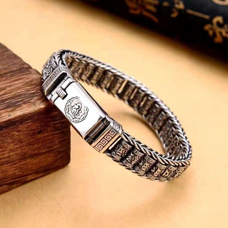 Lulutong silver bracelet for men, hand-woven prayer wheel silver chain, retro six-word mantra