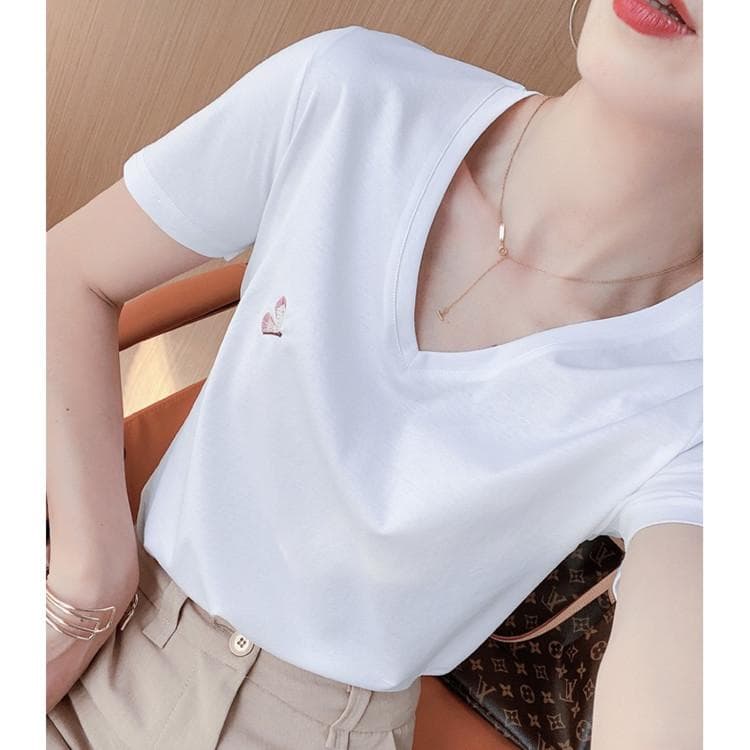 Short-sleeved T-shirt for Women's Cotton V-neck Spring and Summer New Slim and Versatile Pure Cotton Shirt 2XL white