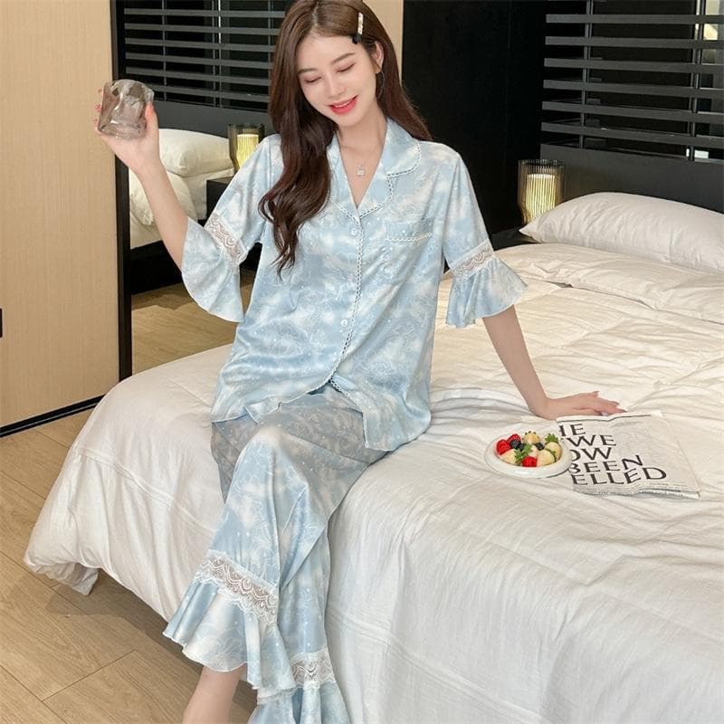 New Lace Pajamas for Women Spring and Autumn Thin Short-sleeved Trousers Cardigan Set Hollow Ice Silk Pajamas Set 2XL blue