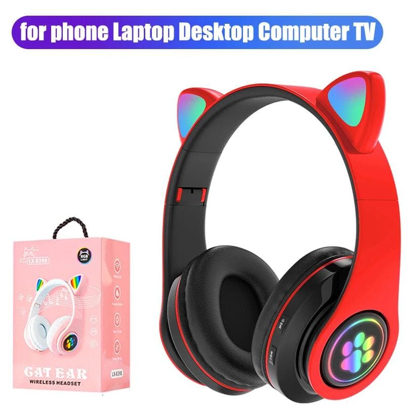 Bluetooth 5.0 Headphone with Microphone Cute Cat Ear Wireless/Wired Foldable Headphone Bass RGB Breathing Light for Boys/Girls With box red