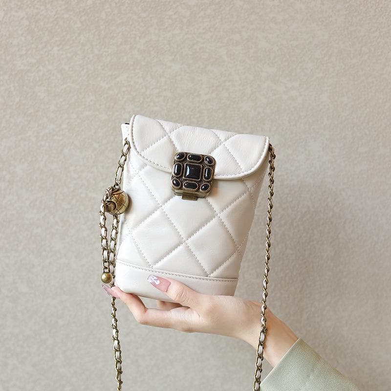 Fashion Leather Chain Mobile Phone Bag Small Xiangling Lattice Gemstone Small Gold Ball Single Shoulder Small Leather Women's Bag
