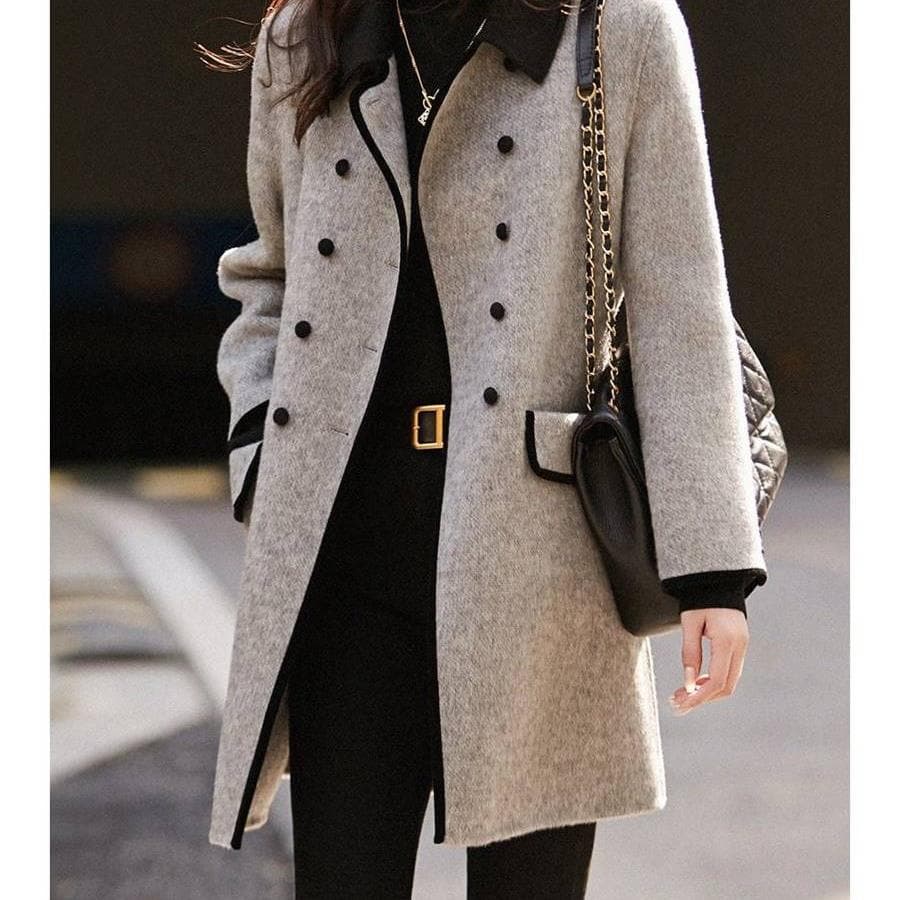Autumn and Winter Contrasting Lapel Double-breasted Mid-length Woolen Coat for Women XL