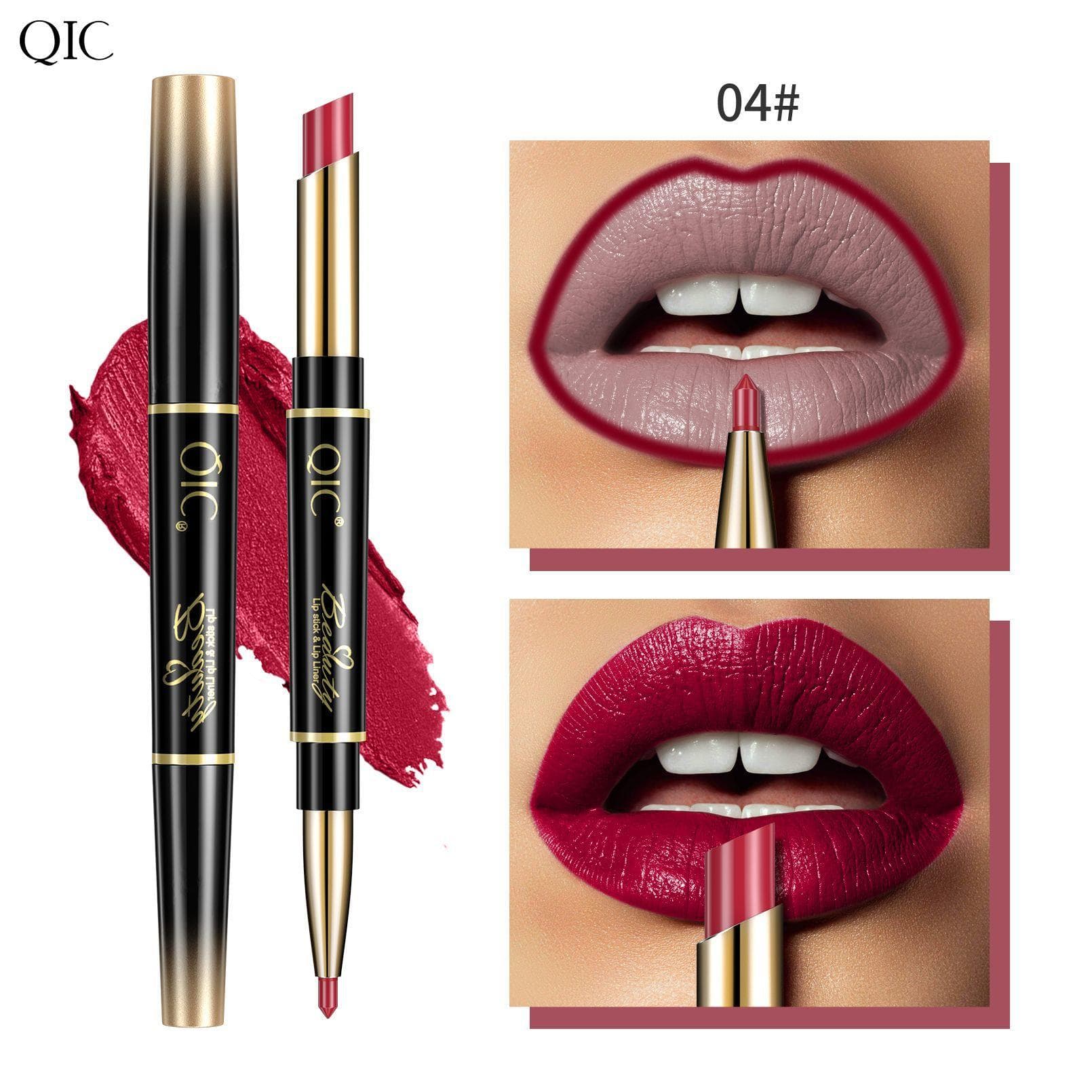QIC Double-ended Lipstick Pen, Waterproof, Long-lasting, Color-producing Two-in-one Slim Tube Lipstick Lip Liner 04